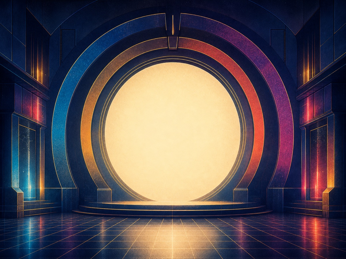 A retro-futurist vault with a bright circular center and spectral arches