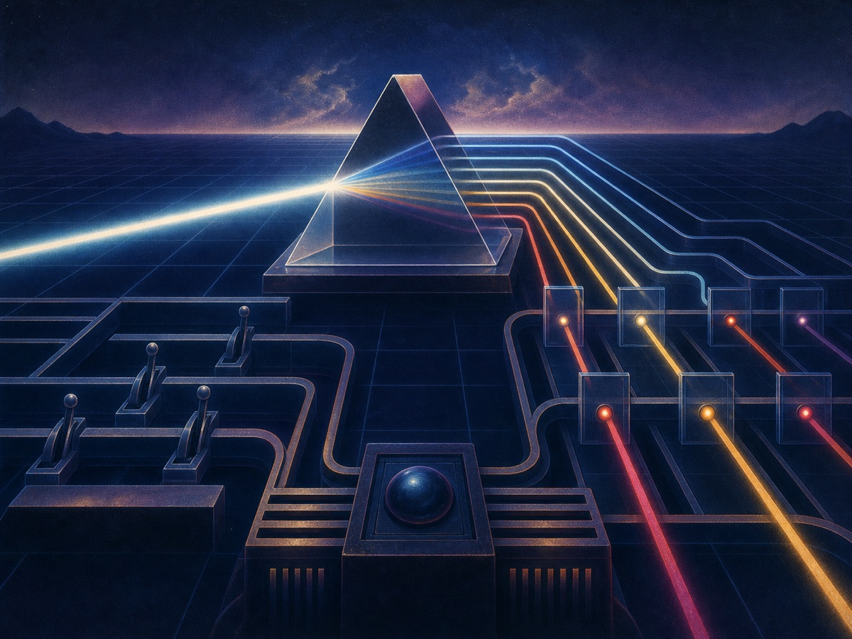 A retro arcade control grid routing a beam through a prism into ordered lanes
